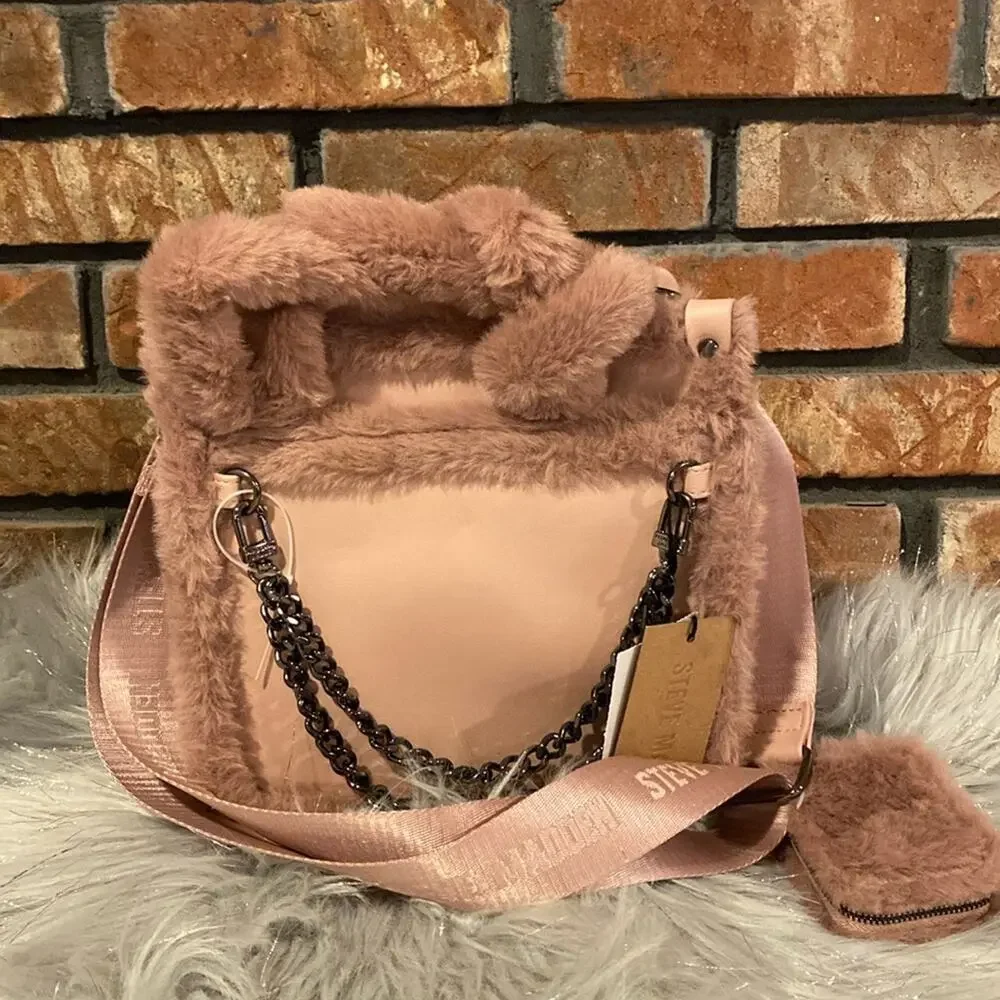 BNWT STEVE MADDEN BSidra Faux Furry Blush Pink Satchel Crossbody Bag - Picture 1 of 10